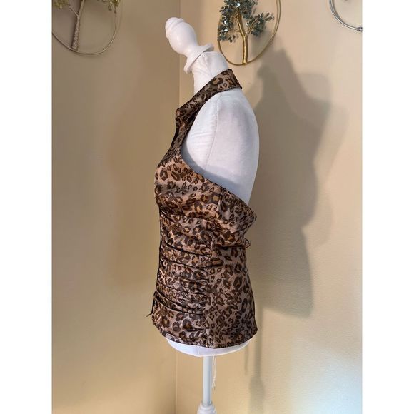 Guess Sexy Leopard Print Satin Button Front Halter Top Medium - Picture 4 of 8